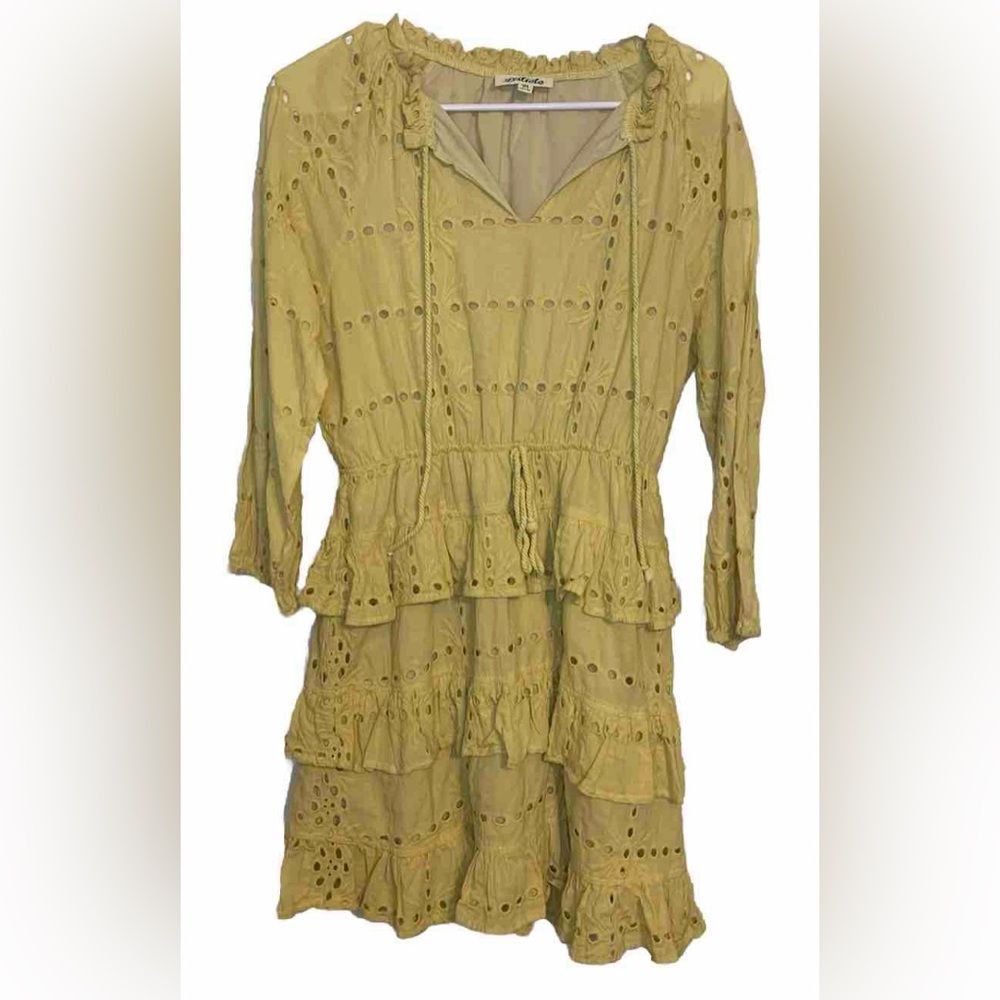 Listicle Yellow Eyelet Ruffle Mini Dress Boho Peasant 3/4 Sleeve Medium M - Picture 2 of 10